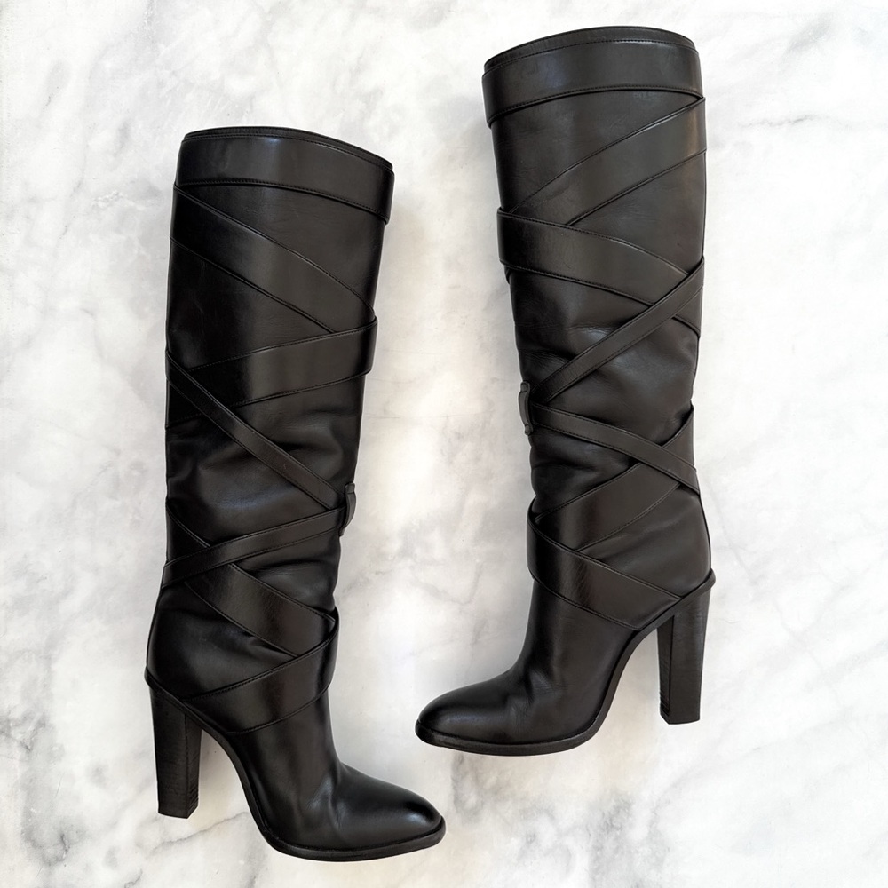 Saint Laurent Strappy Leather Wrap Around Tall Knee High Block Heeled Boot Black - Picture 3 of 16